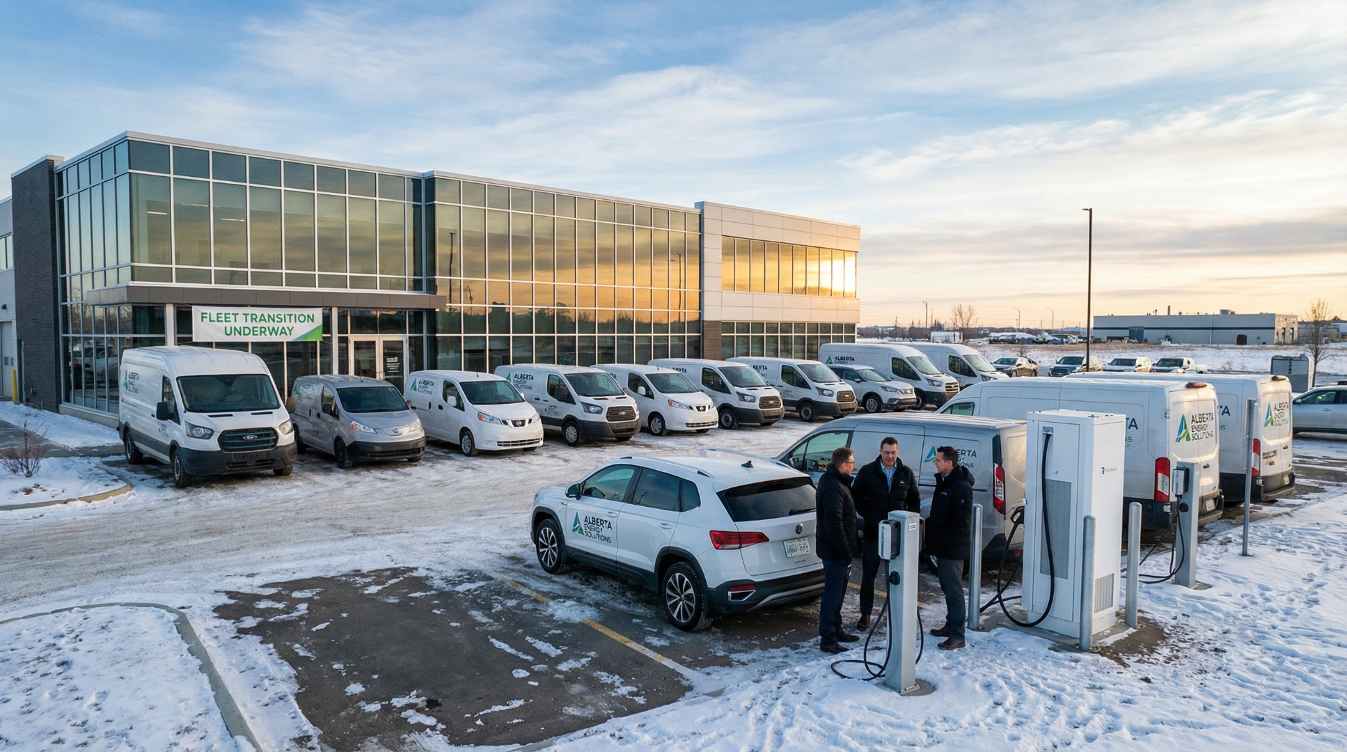 Fleet of white commercial vans at an Alberta business with EV charging stations in winter
