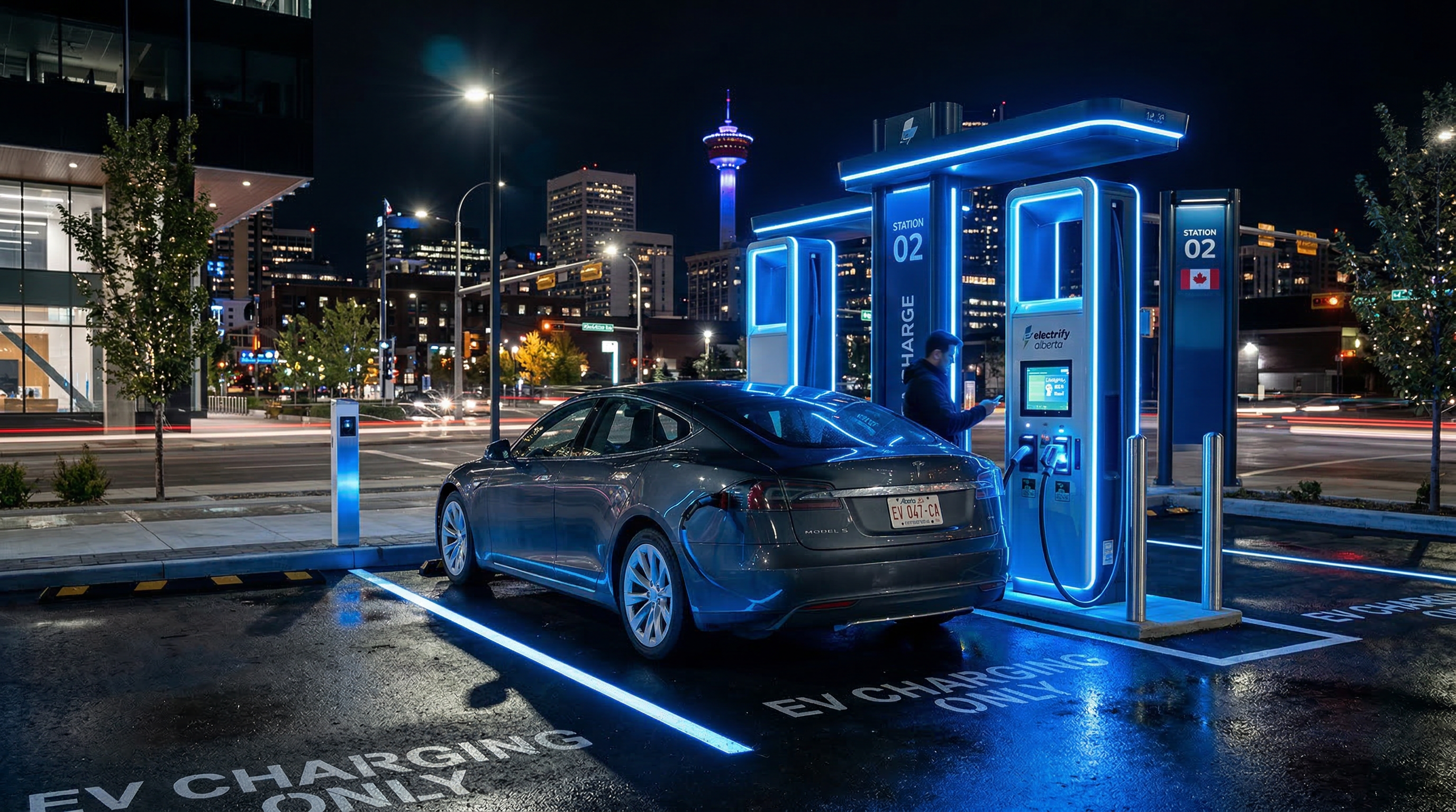 EV charging station at night in Alberta