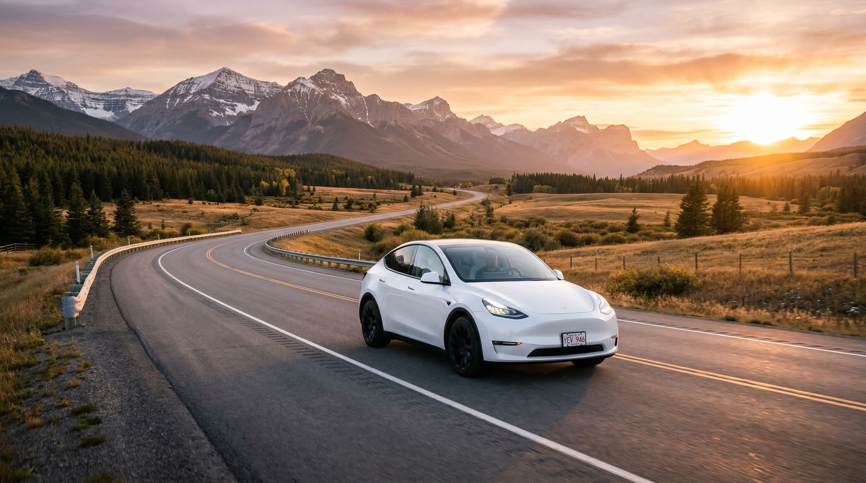 Tesla Model Y on Alberta highway