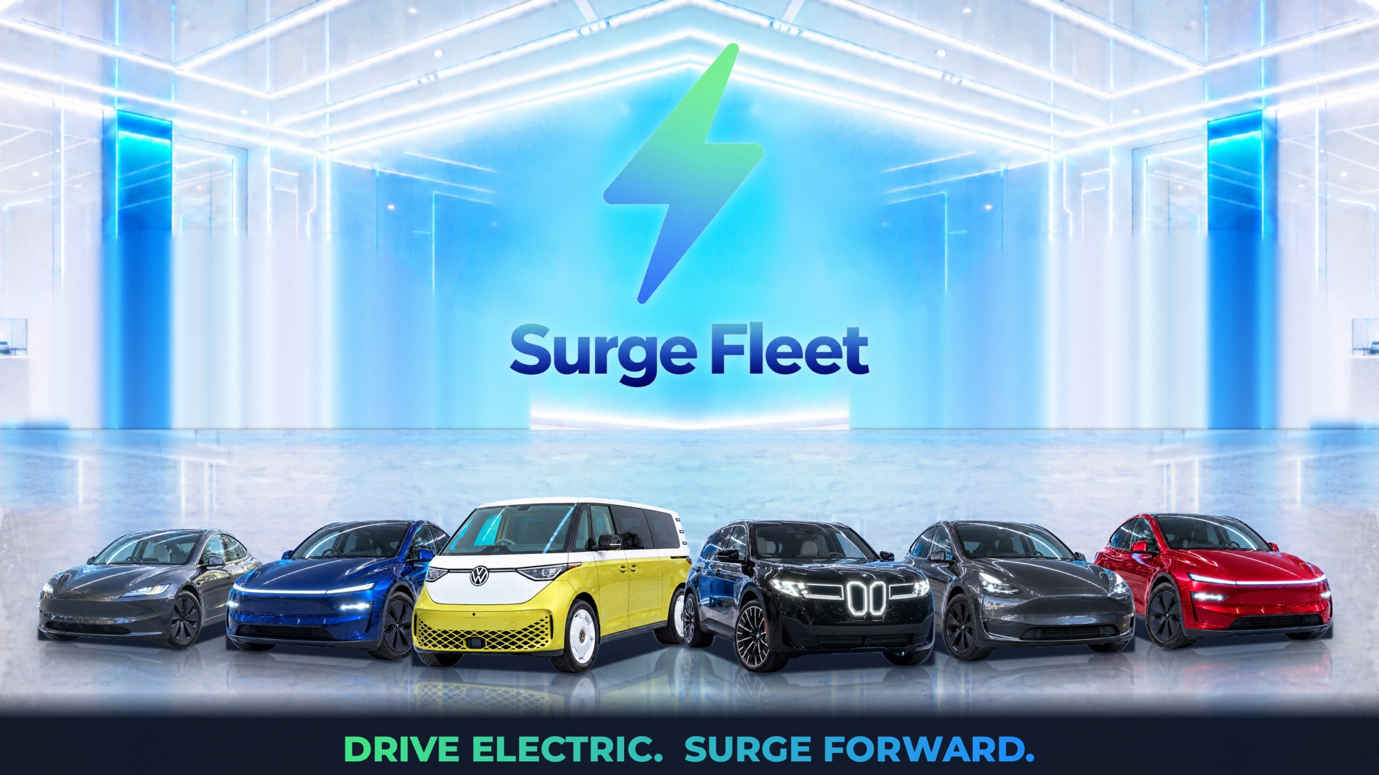 Surge Fleet — Drive Electric, Surge Forward. Six electric vehicles with the Edmonton skyline.