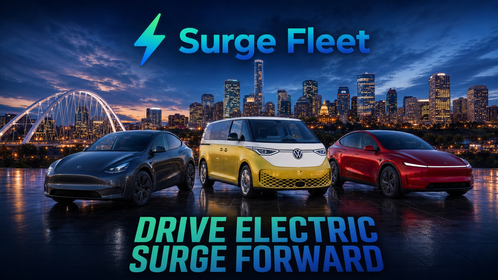 Surge Fleet — Drive Electric, Surge Forward. Three electric vehicles with Edmonton skyline.